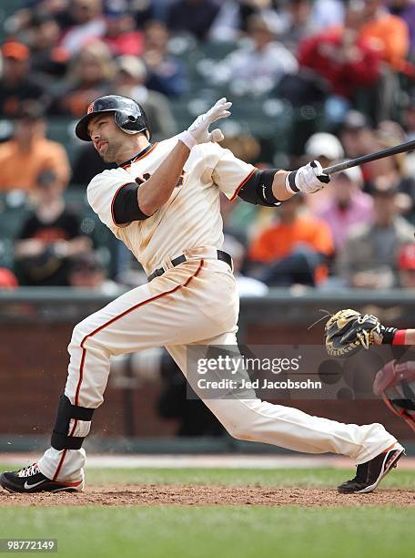 Mark DeRosa of the San Francisco Giants bats against the Philadelphia Phillies during an MLB game at AT&T Park on April 28, 2010 in San Francisco,...
