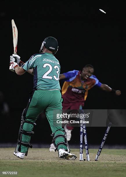 Trent Jonhston of Ireland is clean bowled by Dwayne Bravo of West Indies during the ICC T20 World Cup Group D match between West Indies and Ireland...
