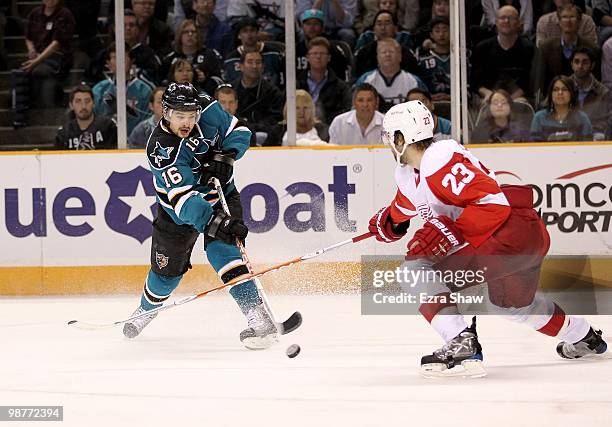 Devin Setoguchi of the San Jose Sharks in action during their game against the Detroit Red Wings in Game One of the Western Conference Semifinals...