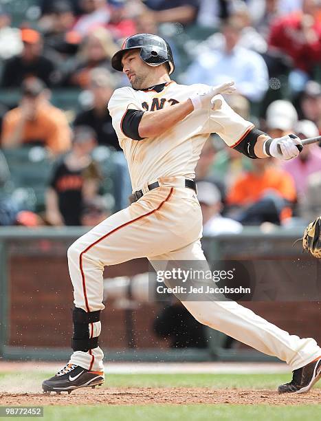 Mark DeRosa of the San Francisco Giants bats against the Philadelphia Phillies during an MLB game at AT&T Park on April 28, 2010 in San Francisco,...