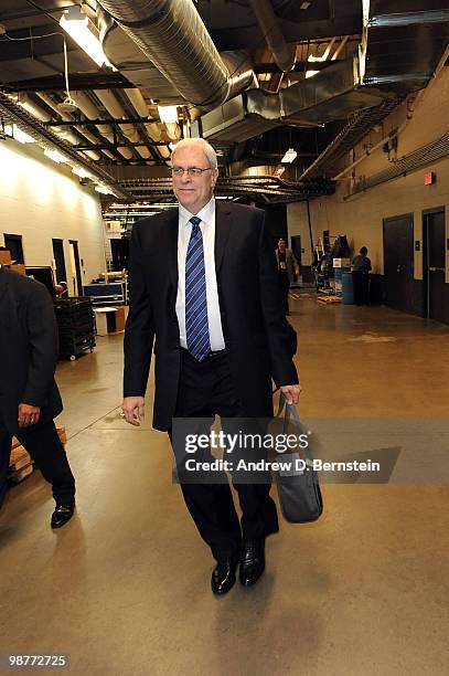 Head Coach Phil Jackson of the Los Angeles Lakers arives before the game against the Oklahoma City Thunder in Game Six of the Western Conference...