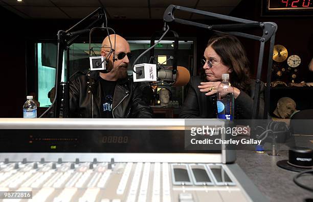 Musicians Rob Halford and Ozzy Osbourne attend the press conference announcing OZZFest 2010 at the Sixx Sense Studio on April 30, 2010 in Sherman...
