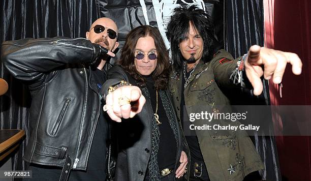 Musicians Rob Halford, Ozzy Osbourne and Nikki Sixx attend the press conference announcing OZZFest 2010 at the Sixx Sense Studio on April 30, 2010 in...