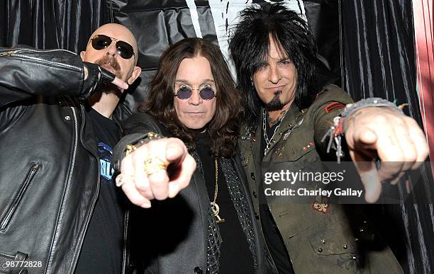 Musicians Rob Halford, Ozzy Osbourne and Nikki Sixx attend the press conference announcing OZZFest 2010 at the Sixx Sense Studio on April 30, 2010 in...