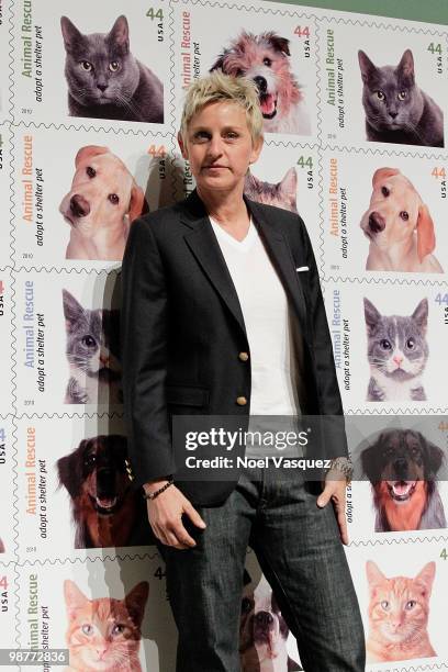 Ellen DeGeneres attends the "Animal Rescues: Adopt A Shelter Pet" commemorative stamp ceremony at Academy of Television Arts & Sciences on April 30,...