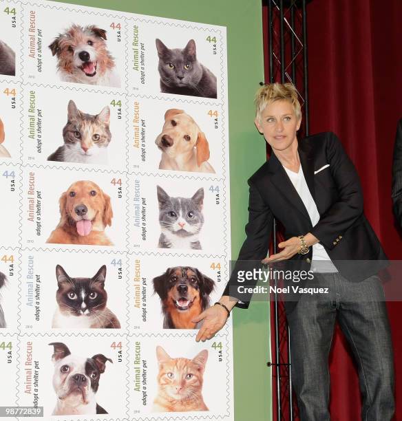 Ellen DeGeneres attends the "Animal Rescues: Adopt A Shelter Pet" commemorative stamp ceremony at Academy of Television Arts & Sciences on April 30,...