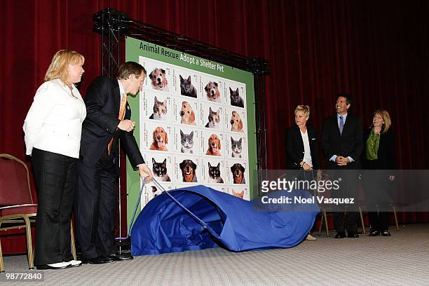 Ellen DeGeneres attends the "Animal Rescues: Adopt A Shelter Pet" commemorative stamp ceremony at Academy of Television Arts & Sciences on April 30,...