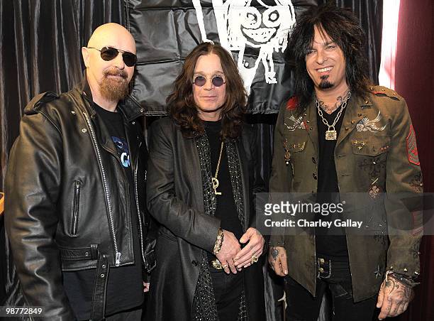 Musicians Rob Halford, Ozzy Osbourne and Nikki Sixx attend the press conference announcing OZZFest 2010 at the Sixx Sense Studio on April 30, 2010 in...