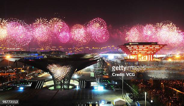 Fireworks illuminate the sky over World Expo Park during the opening ceremony of the 2010 World Expo on April 30, 2010 in Shanghai, China. More than...