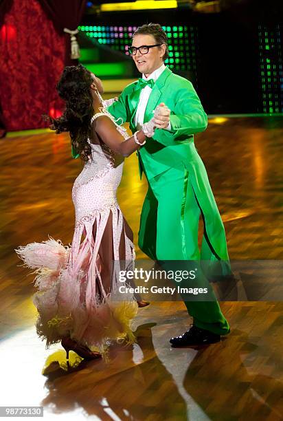 Casting director Rolf Schneider and professional dancer Motsi Mabuse dance during the 'Let's Dance' TV show at Studios Adlershof on April 30, 2010 in...