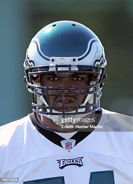 Defensive end Brandon Graham of the Philadelphia Eagles drills during mini camp practice on April 30, 2010 at the NovaCare Complex in Philadelphia,...