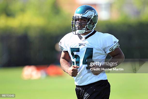 Defensive end Brandon Graham of the Philadelphia Eagles drills during mini camp practice on April 30, 2010 at the NovaCare Complex in Philadelphia,...