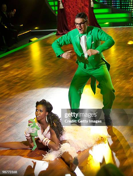 Casting director Rolf Schneider and professional dancer Motsi Mabuse dance during the 'Let's Dance' TV show at Studios Adlershof on April 30, 2010 in...