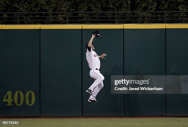 Grady Sizemore of the Cleveland Indians makes a catch in the outfield against the Minnesota Twins during the game on April 30, 2010 at Progressive...