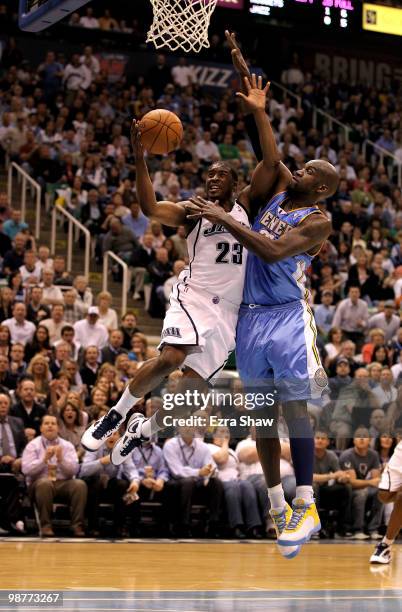 Wesley Matthews of the Utah Jazz is fouled by Johan Petro of the Denver Nuggets during Game Six of the Western Conference Quarterfinals of the 2010...