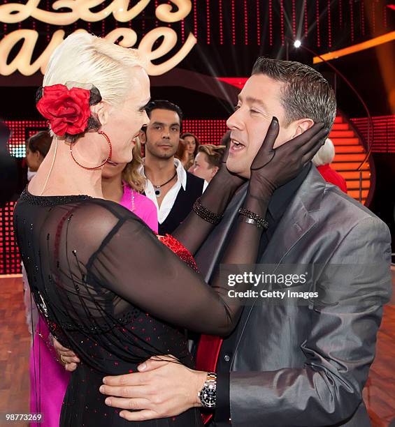 Actress Brigitte Nielsen and jury member Joachim Llambi pose after the 'Let's Dance' TV show at Studios Adlershof on April 30, 2010 in Berlin,...