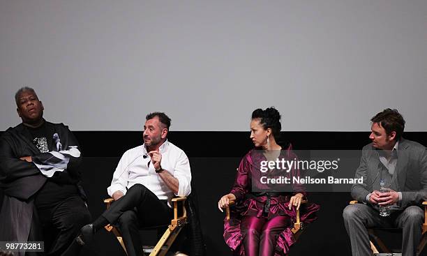 Vogue's Andre Leon Tally, designer Ralph Rucci, model Pat Cleveland and director Whitney Sudler-Smith speak onstage at the Tribeca Talks "Ultrasuede...