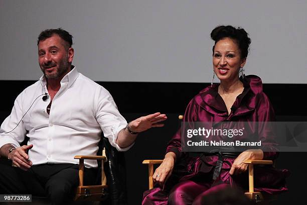 Designer Ralph Rucci and model Pat Cleveland speak onstage at the Tribeca Talks "Ultrasuede In Search Of Halsoton" during the 2010 Tribeca Film...