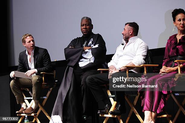 Moderator Matt Tyrnauer, Vogue's Andre Leon Tally, designer Ralph Rucci and model Pat Cleveland speak onstage at the Tribeca Talks "Ultrasuede In...