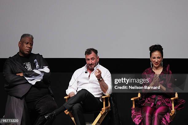 Vogue's Andre Leon Tally, designer Ralph Rucci and model Pat Cleveland speak onstage at the Tribeca Talks "Ultrasuede In Search Of Halsoton" during...