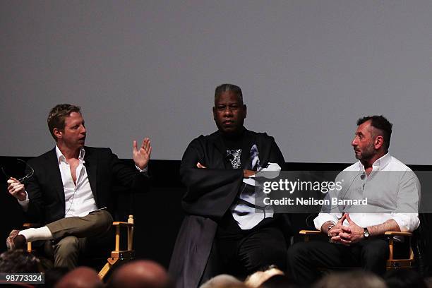 Moderator Matt Tyrnauer, Vogue's Andre Leon Tally and designer Ralph Rucci speak onstage at the Tribeca Talks "Ultrasuede In Search Of Halsoton"...