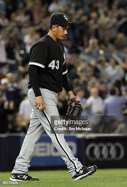 Freddy Garcia of the Chicago White Sox looks on after surrendering a fifth inning home run to Derek Jeter of the New York Yankees on April 30, 2010...
