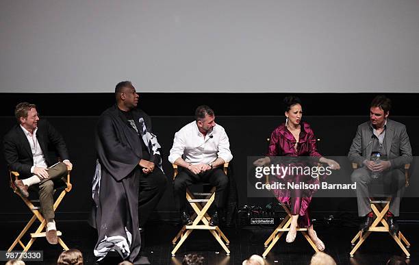 Moderator Matt Tyrnauer, Vogue's Andre Leon Tally, designer Ralph Rucci, model Pat Cleveland and director Whitney Sudler-Smith speak onstage at the...