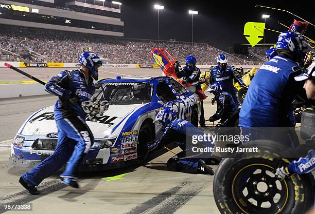 Carl Edwards, driver of the Fastenal Ford, pits during the NASCAR Nationwide Series BUBBA burger 250 at Richmond International Raceway on April 30,...