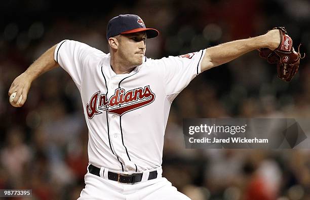 Jensen Lewis of the Cleveland Indians pitches against the Minnesota Twins during the game on April 30, 2010 at Progressive Field in Cleveland, Ohio.