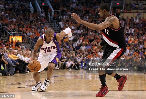 Leandro Barbosa of the Phoenix Suns handles the ball during Game Five of the Western Conference Quarterfinals of the 2010 NBA Playoffs against the...