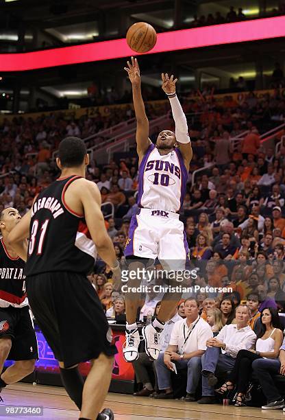 Leandro Barbosa #!0 of the Phoenix Suns puts up a shot during Game Five of the Western Conference Quarterfinals of the 2010 NBA Playoffs against the...