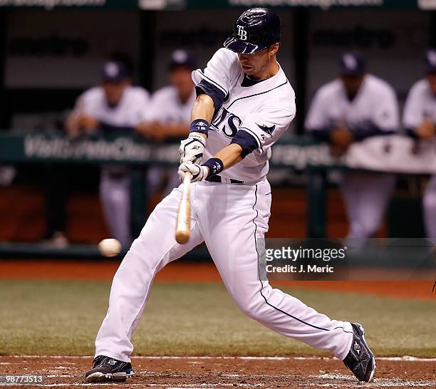 Outfielder Ben Zobrist of the Tampa Bay Rays fouls off a pitch against the Kansas City Royals during the game at Tropicana Field on April 30, 2010 in...