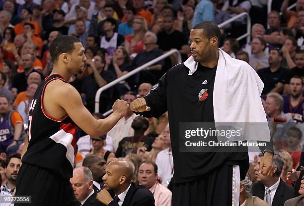 Brandon Roy and Marcus Camby of the Portland Trail Blazers during Game Five of the Western Conference Quarterfinals of the 2010 NBA Playoffs against...