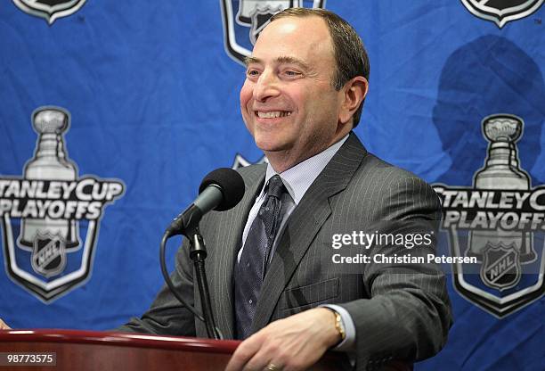 Commissioner Gary Bettman speaks during a press conference before Game One of the Western Conference Quarterfinals between the Detroit Red Wings and...