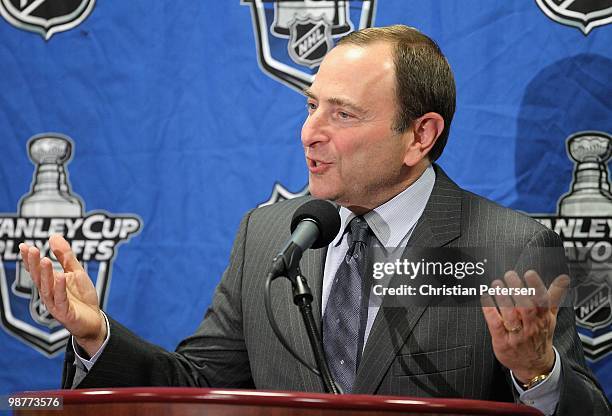 Commissioner Gary Bettman speaks during a press conference before Game One of the Western Conference Quarterfinals between the Detroit Red Wings and...