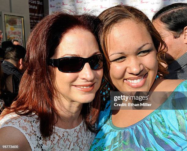 Singer Gloria Estefan poses for a photo with fan Jasmine Witt of Hawaii outside the Flamingo Las Vegas during the Las Vegas Walk of Stars unveiling...