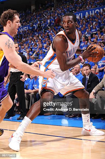 Jeff Green of the Oklahoma City Thunder against Luke Walton of the Los Angeles Lakers in Game Six of the Western Conference Quarterfinals during the...