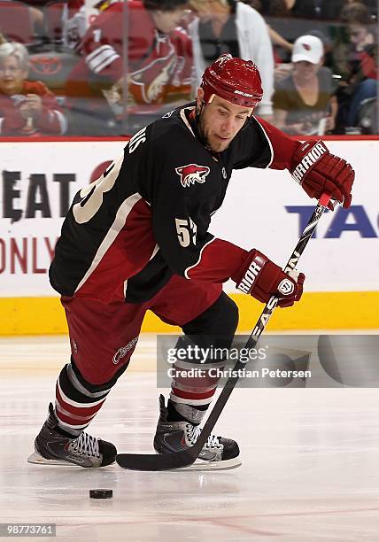 Derek Morris of the Phoenix Coyotes skates with the puck against the Edmonton Oilers during the NHL game at Jobing.com Arena on April 3, 2010 in...