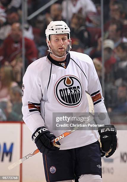 Ryan Whitney of the Edmonton Oilers during the NHL game against the Phoenix Coyotes at Jobing.com Arena on April 3, 2010 in Glendale, Arizona. The...