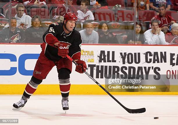 Ed Jovanovski of the Phoenix Coyotes passes the puck against the Edmonton Oilers during the NHL game at Jobing.com Arena on April 3, 2010 in...