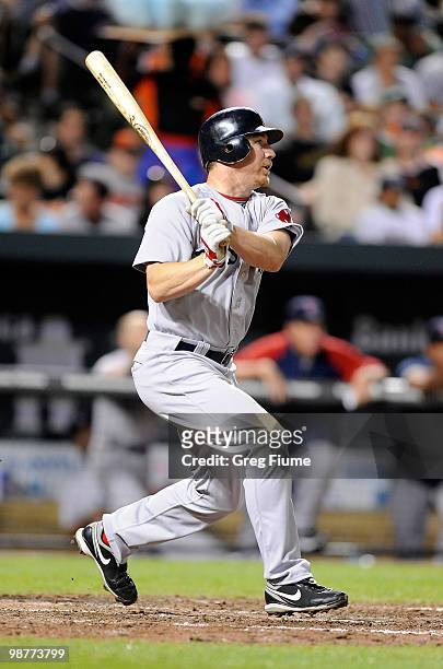 Drew of the Boston Red Sox hits a home run in the eighth inning against the Baltimore Orioles at Camden Yards on April 30, 2010 in Baltimore,...