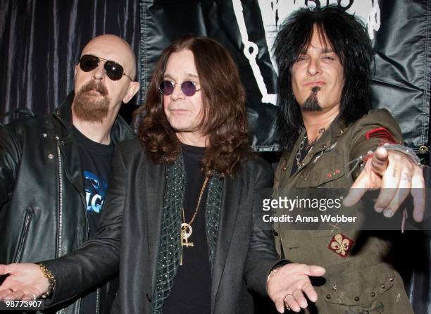 Musicians Rob Halford, Ozzy Osbourne and Nikki Sixx attend the OZZFEST 2010 Press Conference on April 30, 2010 in Los Angeles, California.