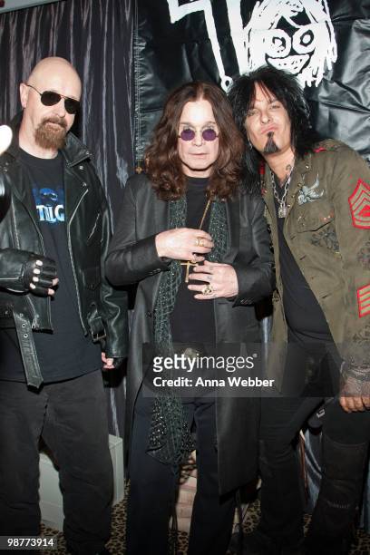 Musicians Rob Halford, Ozzy Osbourne and Nikki Sixx attend the OZZFEST 2010 Press Conference on April 30, 2010 in Los Angeles, California.