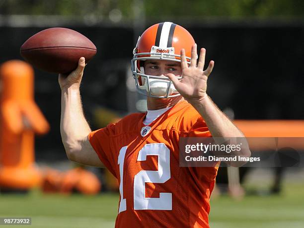 Quarterback Colt McCoy of the Cleveland Browns throws a pass during the team's rookie and free agent mini camp on April 30, 2010 at the Cleveland...