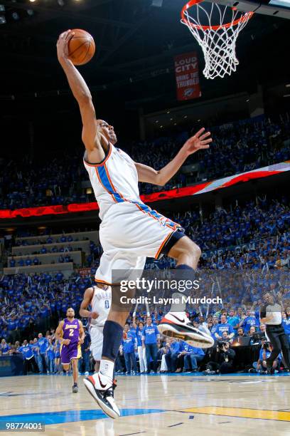 Thabo Sefolosha of the Oklahoma City Thunder goes up for a slam dunk against the Los Angeles Lakers in Game Six of the Western Conference...