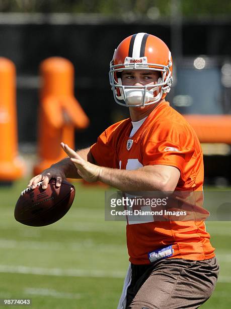Quarterback Colt McCoy of the Cleveland Browns throws a pass during the team's rookie and free agent mini camp on April 30, 2010 at the Cleveland...