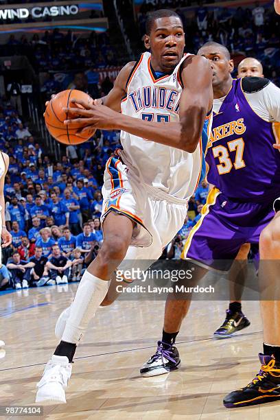 Kevin Durant of the Oklahoma City Thunder drives to the basket in Game Six of the Western Conference Quarterfinals during the 2010 NBA Playoffs at...