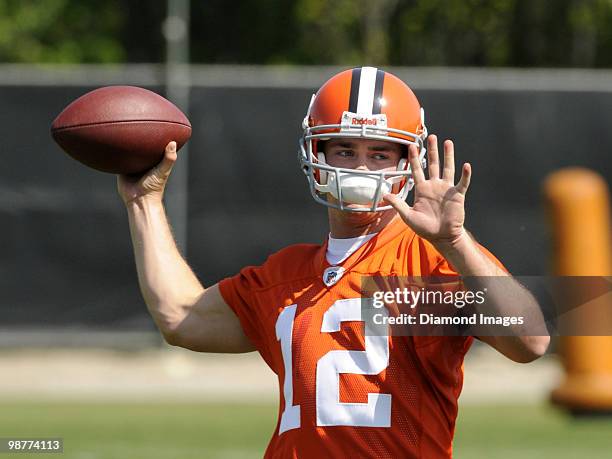 Quarterback Colt McCoy of the Cleveland Browns throws a pass during the team's rookie and free agent mini camp on April 30, 2010 at the Cleveland...