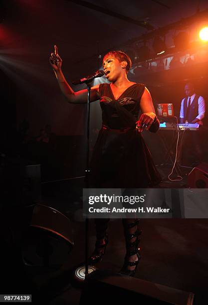 Singer Estelle performs onstage at Art of Elysium "Bright Lights" with VERSUS by Donatella Versace and Christopher Kane at Milk Studios on April 30,...