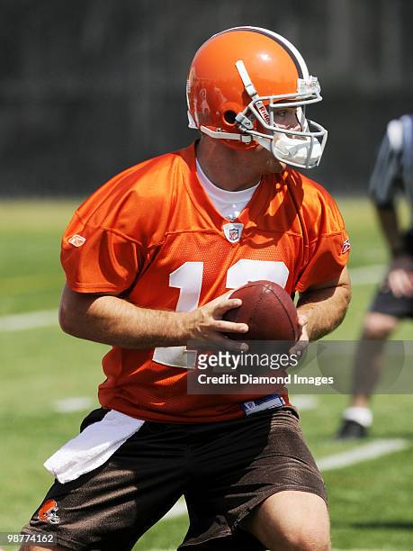 Quarterback Colt McCoy of the Cleveland Browns looks to hand the ball off during the team's rookie and free agent mini camp on April 30, 2010 at the...